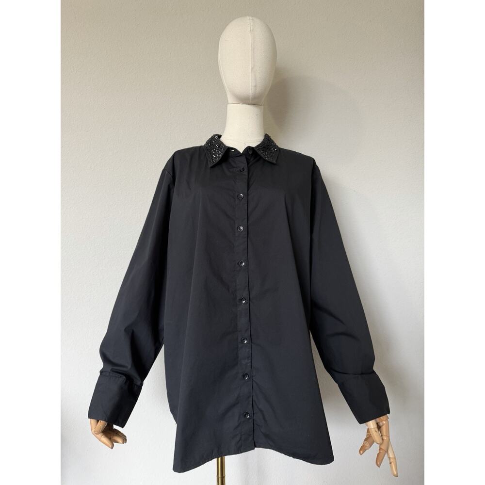 Chico’s Size 3.5 US 18 Tonal Jewels Poplin Shirt Black Embellished Collar Top - Picture 4 of 16